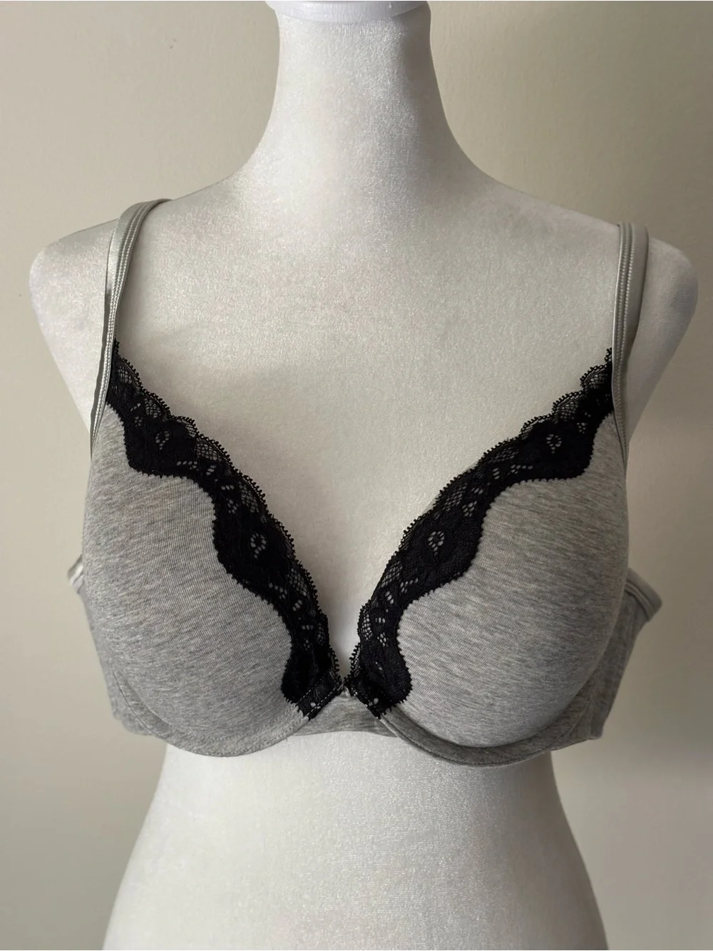 Cacique Gray Bra with Black Lace Trim
